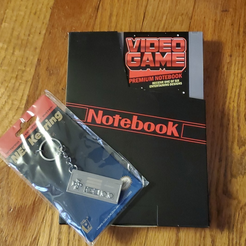 NES bundle keychain and Mario notebook